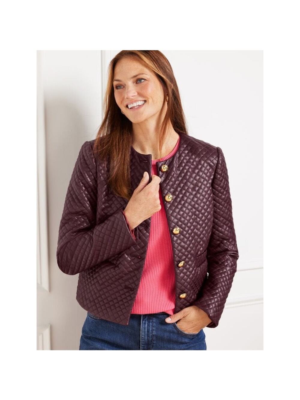 NWT Talbots Burgundy Faux Leather Quilted Jacket Women's Size 6 Vegan Leather